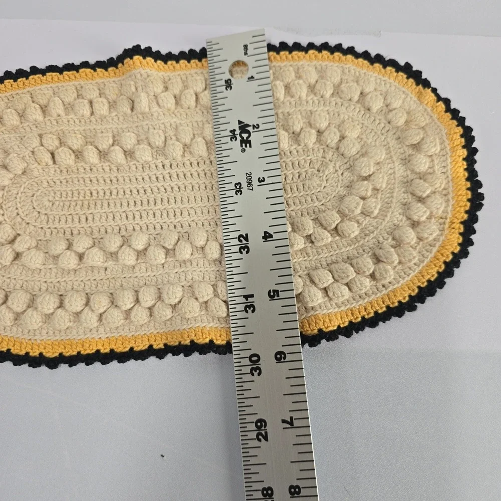 Vintage Small Oval Crochet Rug Cream Yellow Black Bobble Textured Accent‎ Mat